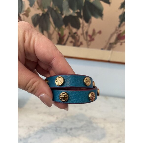 Tory Burch Double Wrap Leather Bracelet Teal Gold Logo Studs Womens Made In USA - Picture 2 of 3